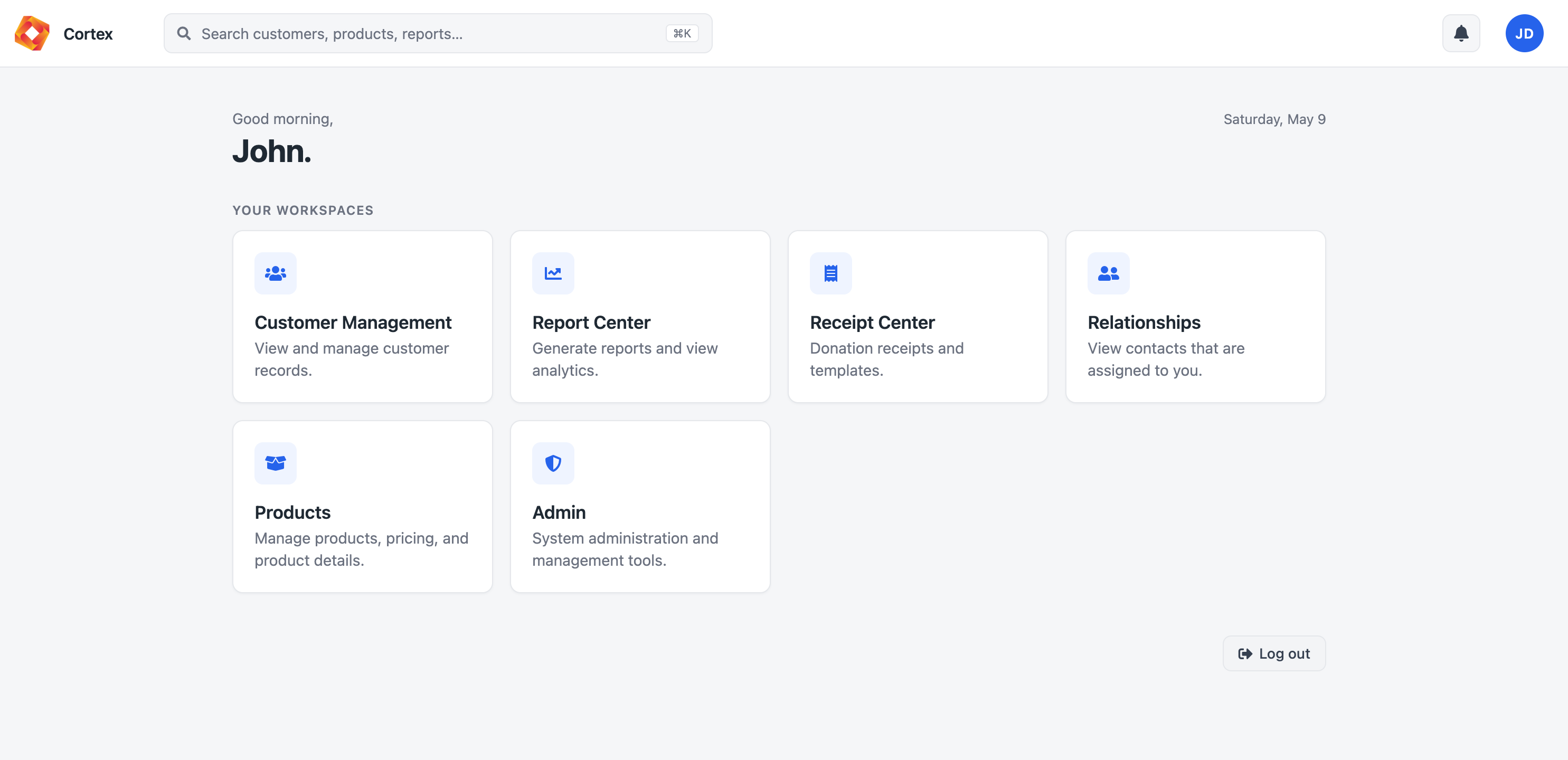 Cortex dashboard with workspace tiles for Customer Management, Reports, Receipt Center, Relationships, Products, and Admin